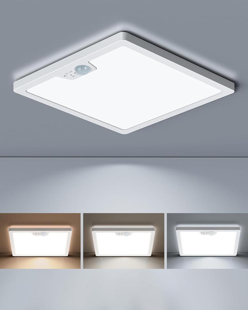 12in Motion Sensor Ceiling Light Wired, 3000K 4000K 5000K Selectable, 24W Flush Mount Square Motion Ceiling Light with 3 Timer for Closet Porch Stairs Hallway, White
