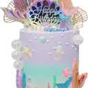 BiBo Mermaid Cake Topper Decorations, Tail Cupcake Toppers Under the Sea Cake Decor, Shells Seaweed Bubbles and Golden Leaves Happy Birthday Cake Set for Mermaid Theme Birthday Party.