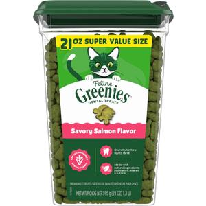Greenies Cat Treats, Feline Veterinarian-Recommended Adult Natural Dental Cat Treats, Savory Salmon Flavor, 21 oz. Tub (EXP 11/30/27)