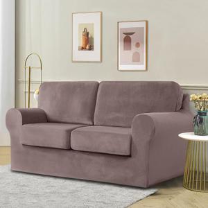 5 Pieces Velvet High Stretch Sofa Covers for 2 Cushion Couch Sofa Slipcovers, Washable Furniture Protector with Drawstring Anti Slip Bottom, Soft and Plush Fabric for Kids and Pet (Taupe)
