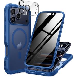 seacosmo for iPhone 17 Pro Max Case, Full Body Bumper with Built-in Tempered Glass Privacy Screen and Camera Lens Protector, Compatible with MagSafe, Shockproof 17 Pro Max Phone Case, 6.9", Blue Matte