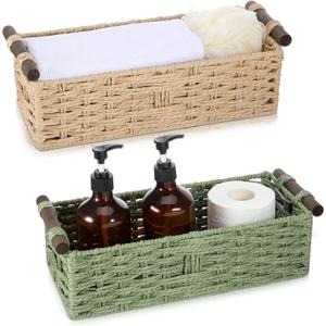 2 Pcs Toilet Paper Baskets for Organizing, Boho Decor Wicker Baskets Paper Rope Storage Handmade Foldable Large Storage Organizer Bins for Countertop Home Bedroom Livingroom Decor