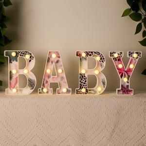 Realspring Baby Shower Sign Babe Marquee LED Letters Battery Operated Light up Centerpieces Glowing Home Table Party Decor for Boy Girl Gender Reveal Birthday, 8.26''(Leopard,Pink)