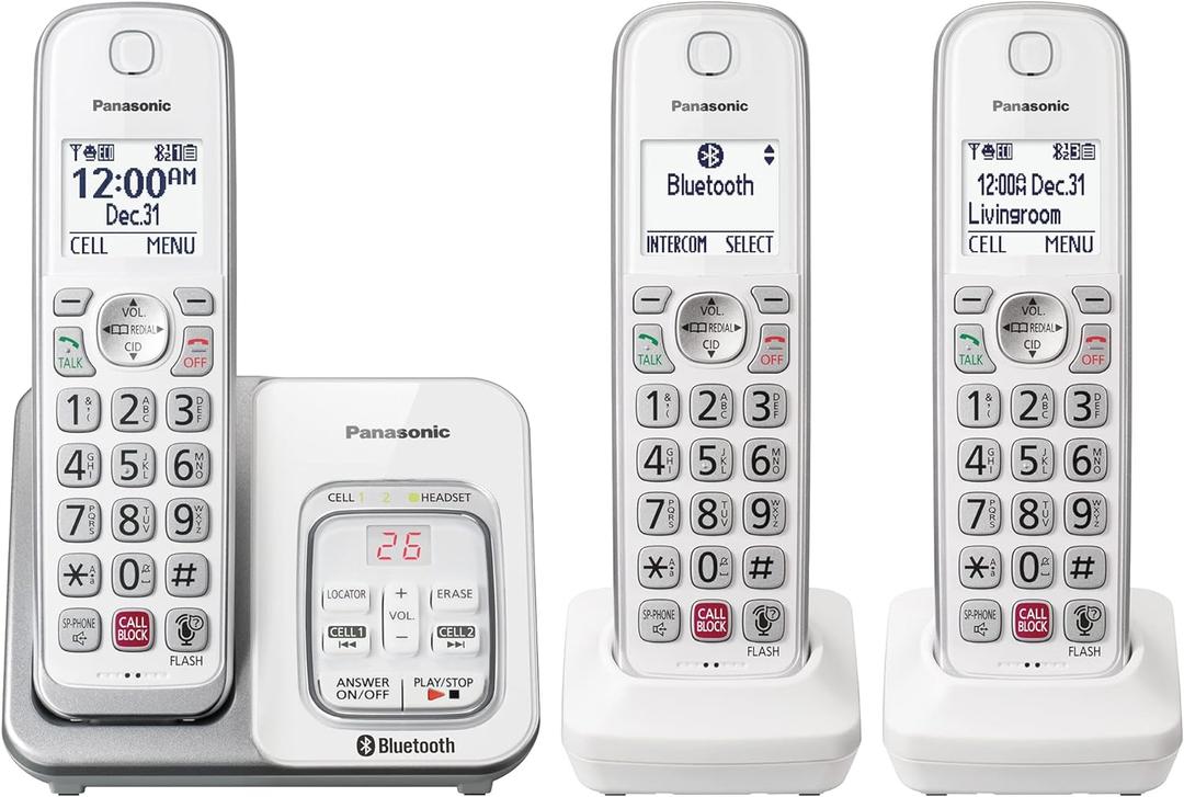 Panasonic Cordless Phone with Answering Machine, Link2Cell Bluetooth, Voice Assistant and Advanced Call Blocking, Expandable System with 3 Handsets - KX-TGD863W (White)