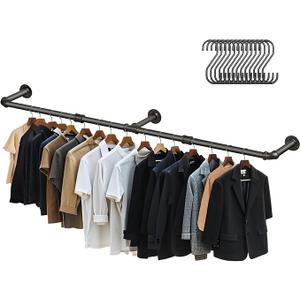 Aduanbang 65.7in Industrial Pipe Wall Mounted Clothes Rack, Heavy Duty Detachable Iron Garment Bar, Rustic Space-Saving Hanging Rod for Bedroom, Closet – Black