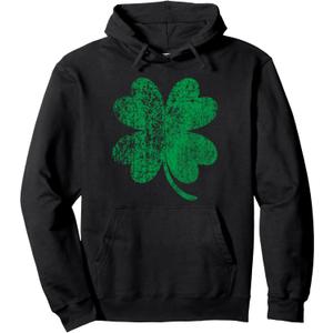 Vintage Faded Retro Four Leaf Clover St Patricks Day Pullover Hoodie (XL, Black)