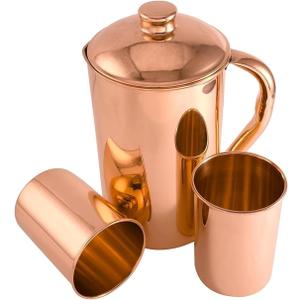 100% Pure Copper Pitcher 50.72 Oz / 1500 ml With 2 Tumblers | Drinking Water Plain Pitcher With Glasses | Copper Jug Set With Lid & Cups | Handle Water Bottle | Ayurveda Health Benefits