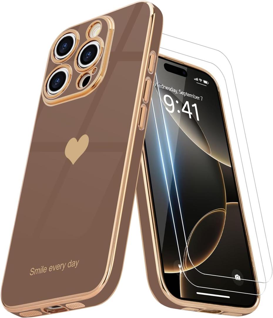 Teageo for iPhone 17 Case with Screen Protector [2 Pack] Girl Women Cute Girly Love-Heart Luxury Gold Soft Cover Camera Protection Silicone Shockproof Phone Case for iPhone 17, Desert Gold