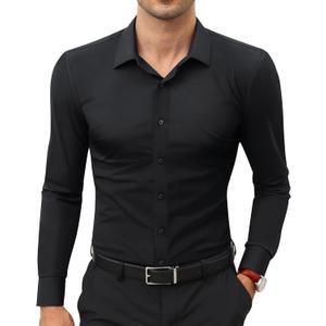 Lion Nardo Stretch Mens Dress Shirts Long Sleeve Slim Fit Dress Shirts for Men Muscle Fit Wrinkle Free Button Down Shirt (X-Large, Black)
