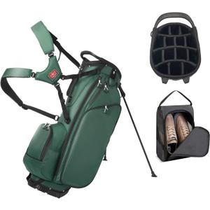 Lightweight Golf Stand Bag with 14 Way Full-Length Dividers, 7 Zippered Pockets and Rain Cover, with Handles and Dual Strap (Green)