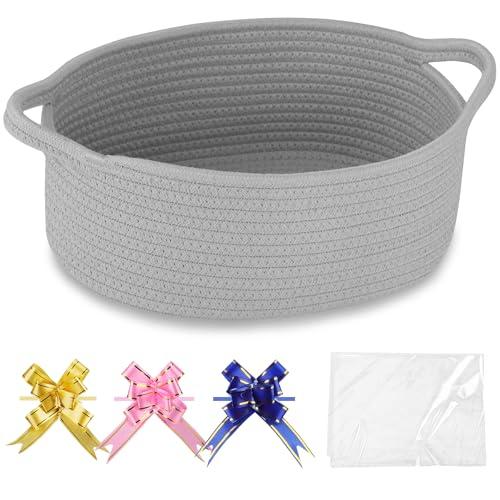 COMSE Small Woven Basket with Gift Bags and Ribbons, Gift Basket Empty, Cotton Rope Storage Organizer, Baby Toy Box with Handles, Cool Gray