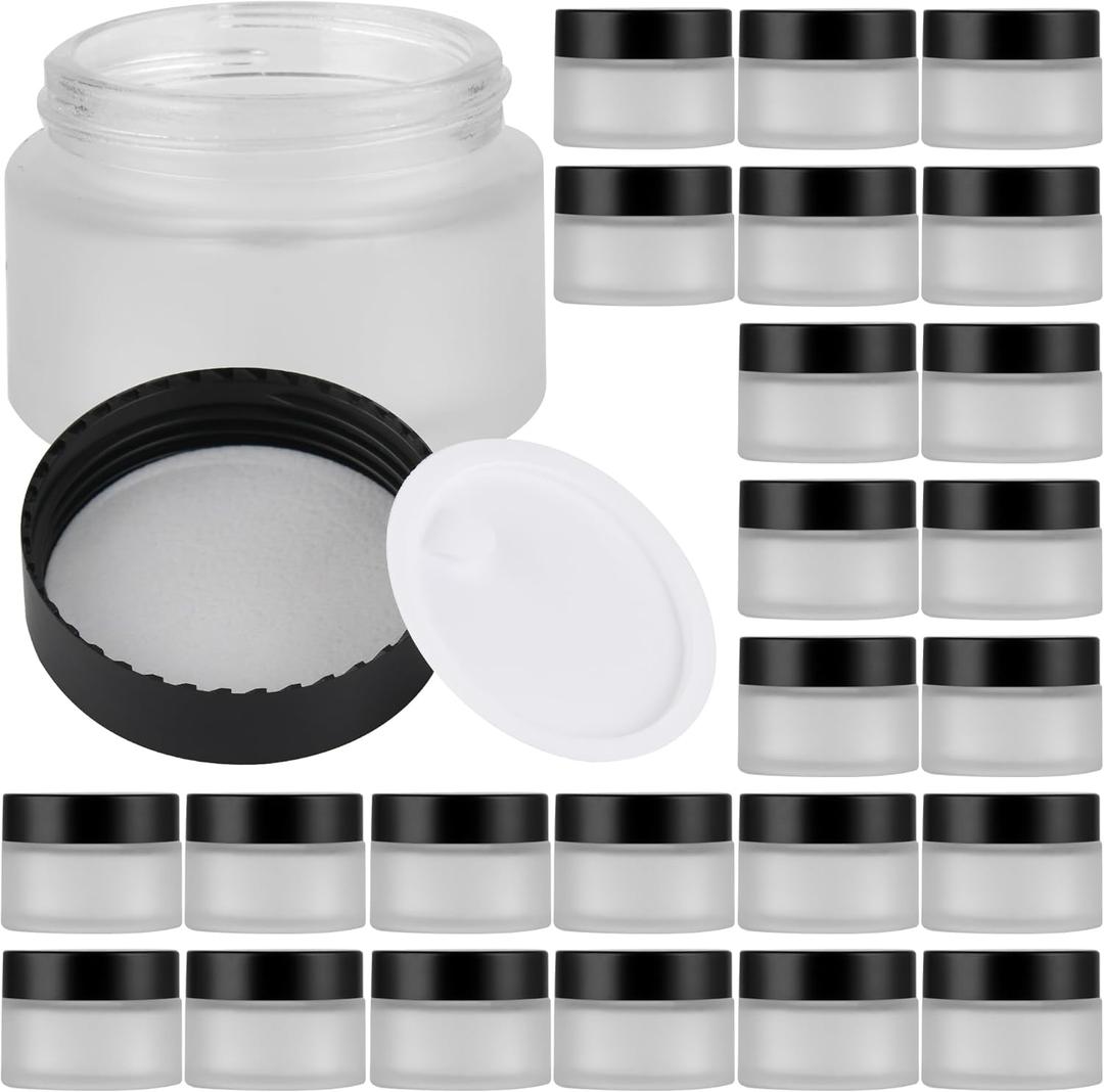 Glass Jars with Lids,Eco-Friendly Cosmetic Containers with Airtight Black Lids & Liners, Multi-Color Options for Cream, Lotion, Body Butter, DIY Skincare Travel Jars (Clear Frosted, 1oz)