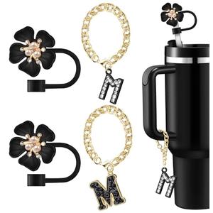 Straw Covers for Stanley Cup Accessories: Black Decorations for Stanley 30 oz & 40 oz Tumbler with Handle, Bling Letter Charms and Flower Silicone Straw Cap Topper, Trendy Stuff for Teen Girls & Women,Set of 3