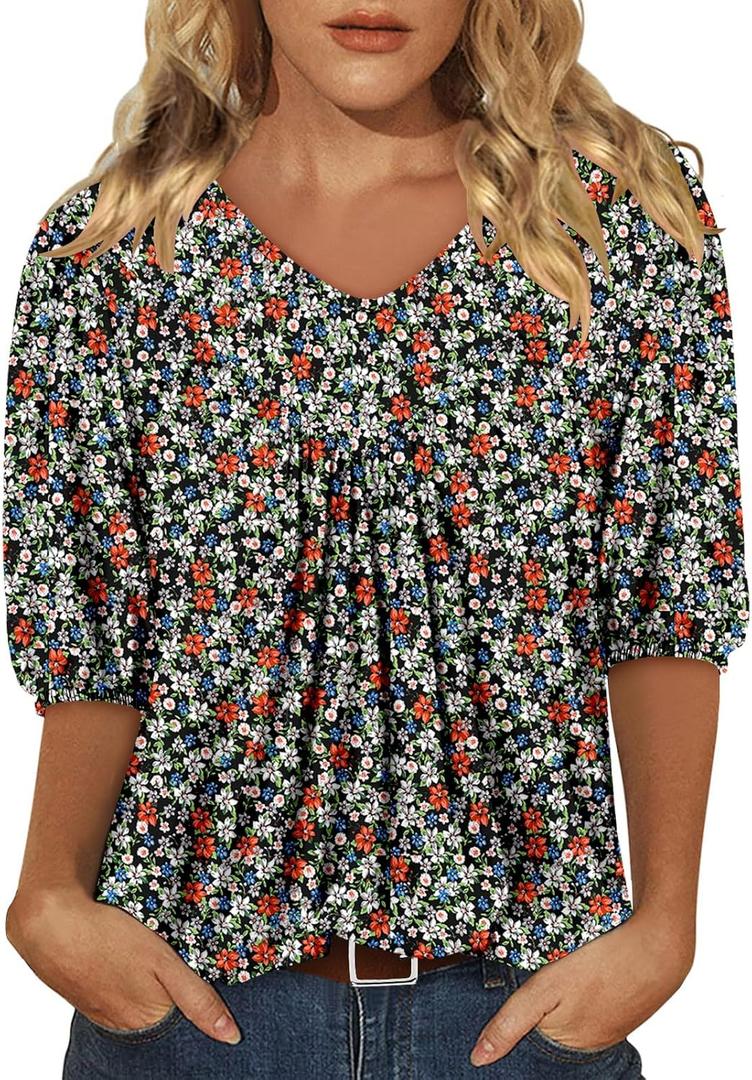 Magritta Womens Puff Half Sleeve Summer Tunic Tops Casual Chest Pleated Shirts Work Blouse for Women Dressy (XX-Large, Amy Whitegarden)