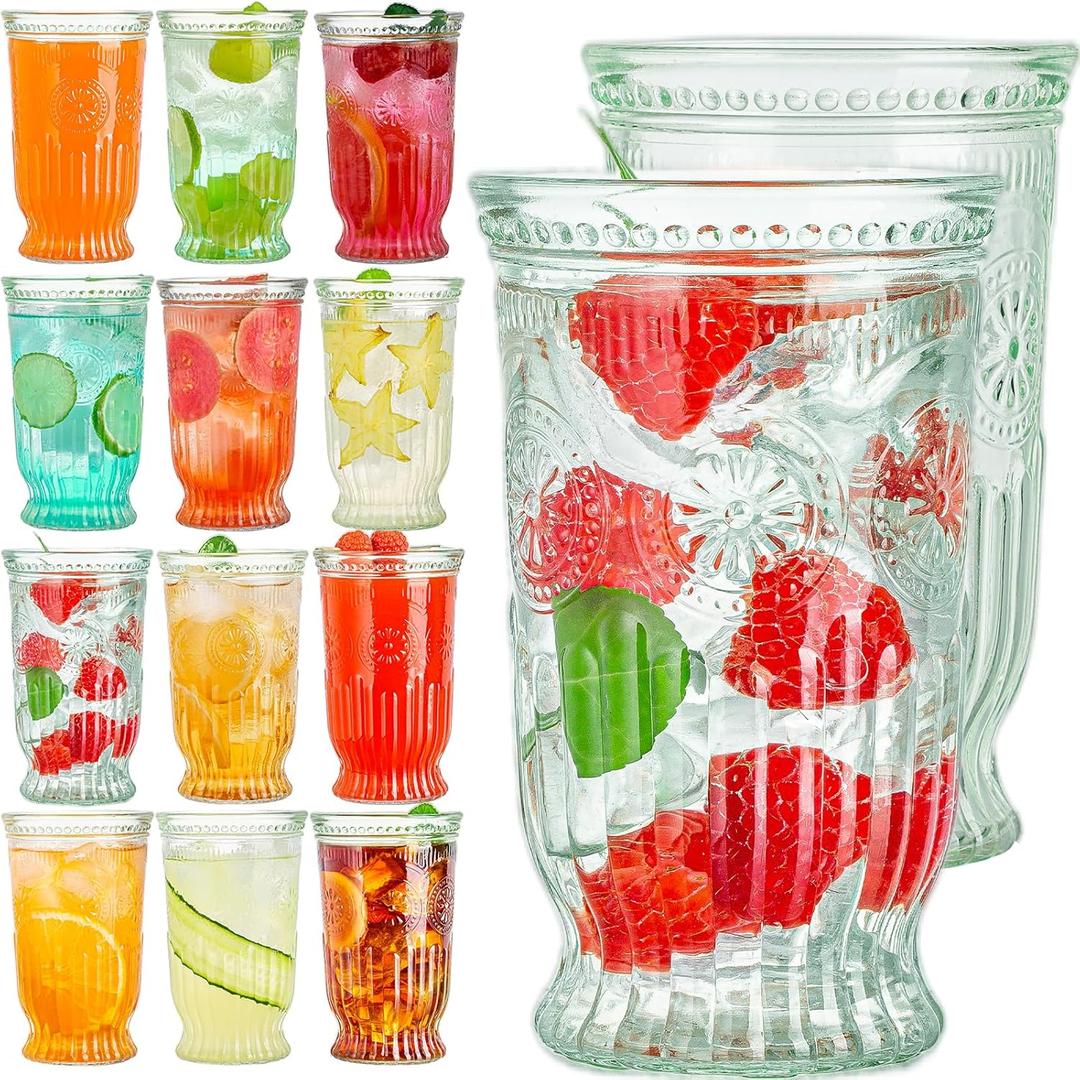 Drinking Glasses, 12 pcs Embossed Designed Highball Glasses, 16oz Glass Cups, Tall Water Tumbler, Ribbed Glassware Set, Mojito Cups, Cocktail Glass, Vintage Glassware Set
