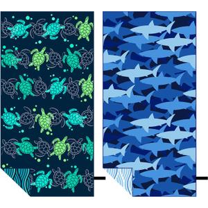 MelonBoat Large Microfiber Beach Towel: 2pcs Green Turtles & Navy Blue Shark Beach Towel for Travel, Absorbent Quick Dry Sand Free, Lightweight Compact for Kids Trip Vacation Bath Camping Pool Swim