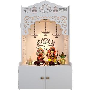 Lotus Pattern Wooden Pooja Mandir for Home with Spacious Shelf inbuilt Focus Light - White Finish - 38 Inches - Temple for Home