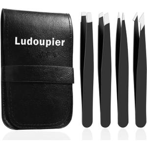 LUDOUPIER [4+1 Pieces] Tweezers Set with Travel Case, Great Precision Upgrade Professional Anti-rust Alloy Tweezers for Women & Men Multi-purpose as Eyebrows Facial Hair Ingrown Hair Removal
