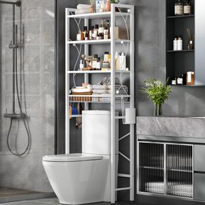 Over-The-Toilet Storage Rack, 4-Tier Bathroom Organizer Shelf Over Toilet with Adjustable Shelf and Basket, Freestanding Space Saver Bathroom Shelves Above Toilet for Room (Pure White)