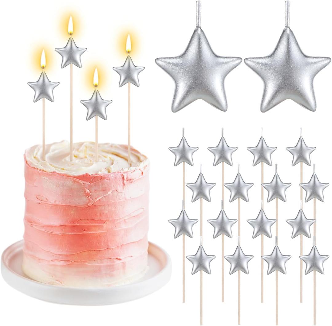 16 Pack Star Candles for Cake Birthday Star Shaped Sparkler Candles Stereo Cake Topper Decorations for Birthday Party Supplies(Silver)