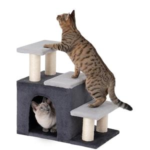 Aechonow 3-in-1 Pet Stairs for Cats, Dog Steps for Small Doggie Rabbits, 6.29''Depth Cat Stairs, Indoor Cat Ladders for High Bed for Pet's Joints, 1 Cat Condo Cave, Sisal Scratcher, Grey, Medium