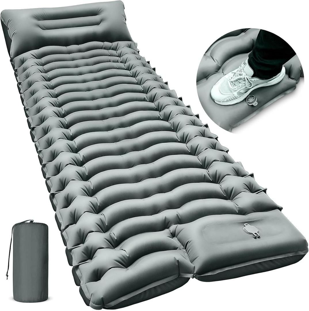 FUN PAC Camping Sleeping Pad, Ultralight Camping Mat with Pillow Built-in Foot Pump Inflatable Sleeping Pads Compact for Camping Backpacking Hiking Traveling - Gray