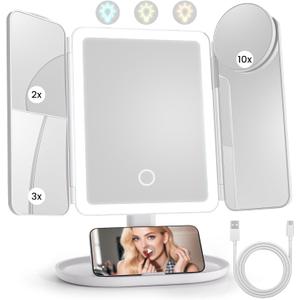 Lighted Makeup Vanity Mirror, Height Adjustable Trifold Mirror with Seamless Light Strip, 1X/2X/3X/10X Magnification, 2000mAh Rechargeable Desk Mirror, Dimmable 3 Color Lighting, Gifts for Mom Women (Creamy White)