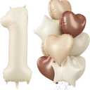 40 Inch Cream 1 Balloon Decor, Beige Tan Brown Heart Balloons, Foil Neutral Nude Sand White Helium Star Number 1 Balloons for Girls 1st Birthday Anniversary Baby Shower Party Boho Decoration Supplies