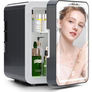 BOGDA Mini Skincare Fridge (4 Liter/6 Can) with Dimmable LED Light Mirror, Cooler and Warmer for Refrigerating Make Up, Skin Care and Food, Portable Mini Fridge for Bedroom, Office and Car, Grey