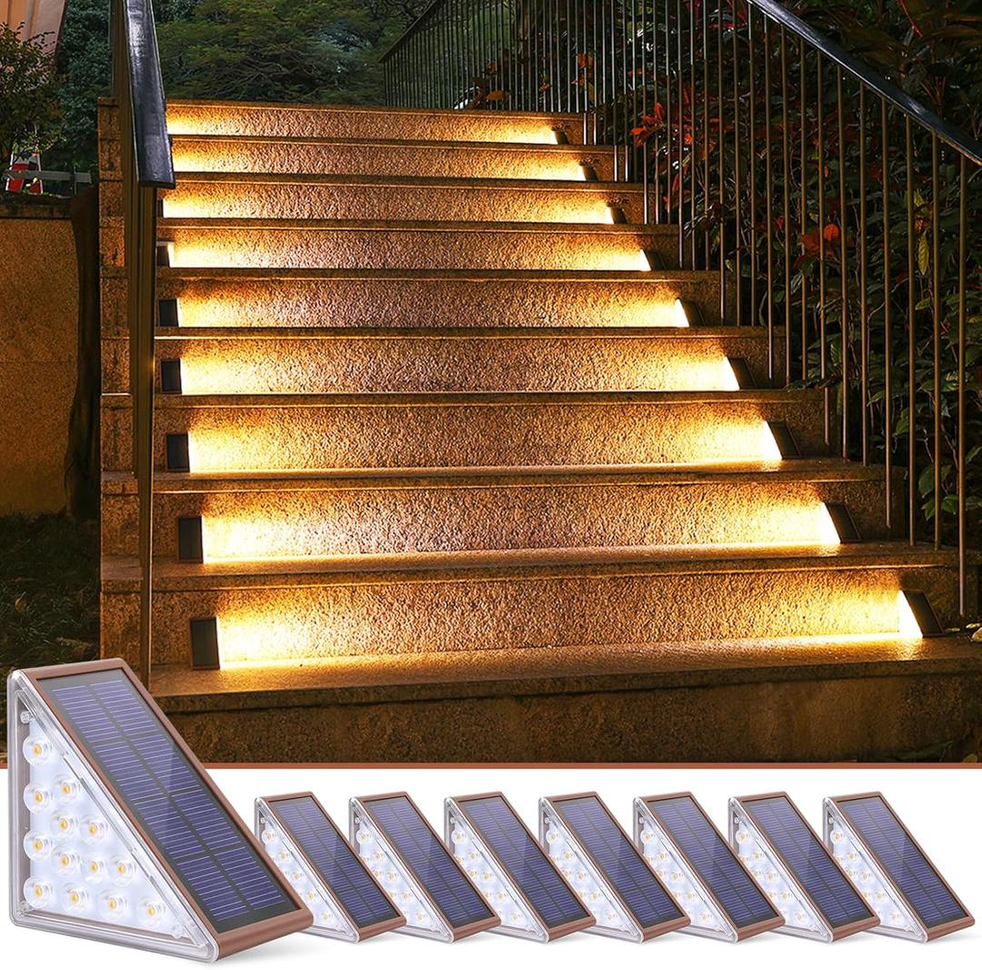 NIORSUN Outdoor Stair Lights 8 Pack, Solar Step Lights IP67 Waterproof with 13 Bright LEDs, 3000K Warm White, Auto On/Off, Triangular Design for Steps, Deck, Patio, Yard, Porch, Sidewalk