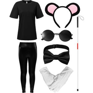 Crowye 7 Pcs Halloween Women Mouse Costume Set Ears Headband Walking Stick Tshirt Pants Bow Tie Glove Sunglasses (Large)