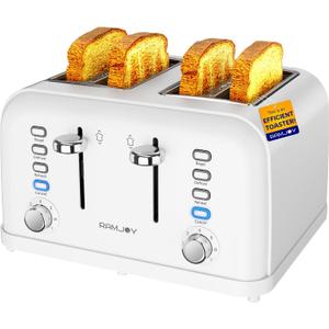 RAMJOY White Toaster 4 Slice, Dual Independent Controls, Extra Wide Slot Toasters for Bagel, Bread, Waffles, 7 Shade Settings, 4 Main Functions, Removable Crumb Tray, 1500 Watts, White Stainless Steel