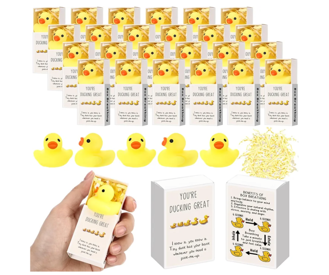 Wettarn 24 Sets Duck Gifts Cute Stress Balls with Support Gift Boxes You're Ducking Great Party Favors for Employee Coworker Friends Office Positive Relief Desk Decor
