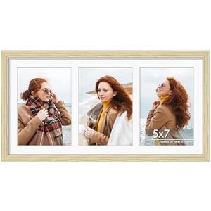 DUENPY 8x16 Collage Picture Frame 5x7 Collage Picture Frame Displays Three 5x7 inch Photos or 8x16 (Without Mat)  Horizontal Wall Mounting Display and Vertical Wood Color