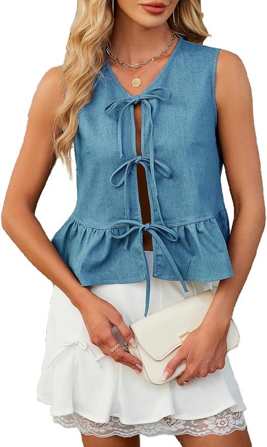 APRROOT Denim Vest Women Tie Front Jean Vest Top Sleeveless V Neck Casual Peplum Tops 2025 Y2K Trendy Summer Tank Tops Blue L