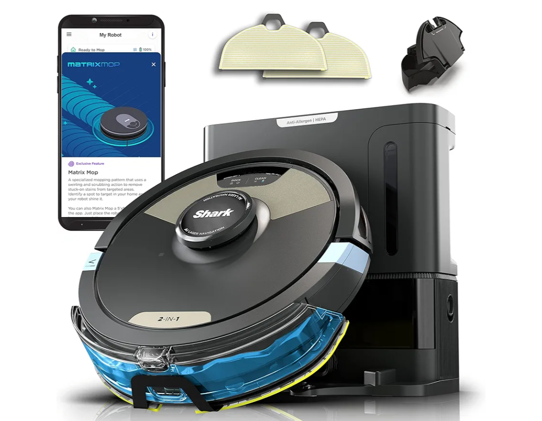 Shark Robot Vacuum & Mop Combo, Powerful Suction, Matrix Plus, 60-Day Debris Capacity, HEPA Bagless Self Empty Base, Sonic Mopping, Home Mapping for Pet Hair - Carpets & Hardfloor, AV2610WA