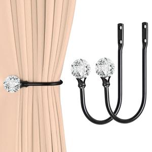 Groleca 2 x Heavy Duty U Shaped Metal Curtain Holdbacks Curtain Tiebacks with Clear Crystal Ball Pull Backs Curtain Holders for Drapes (Black)