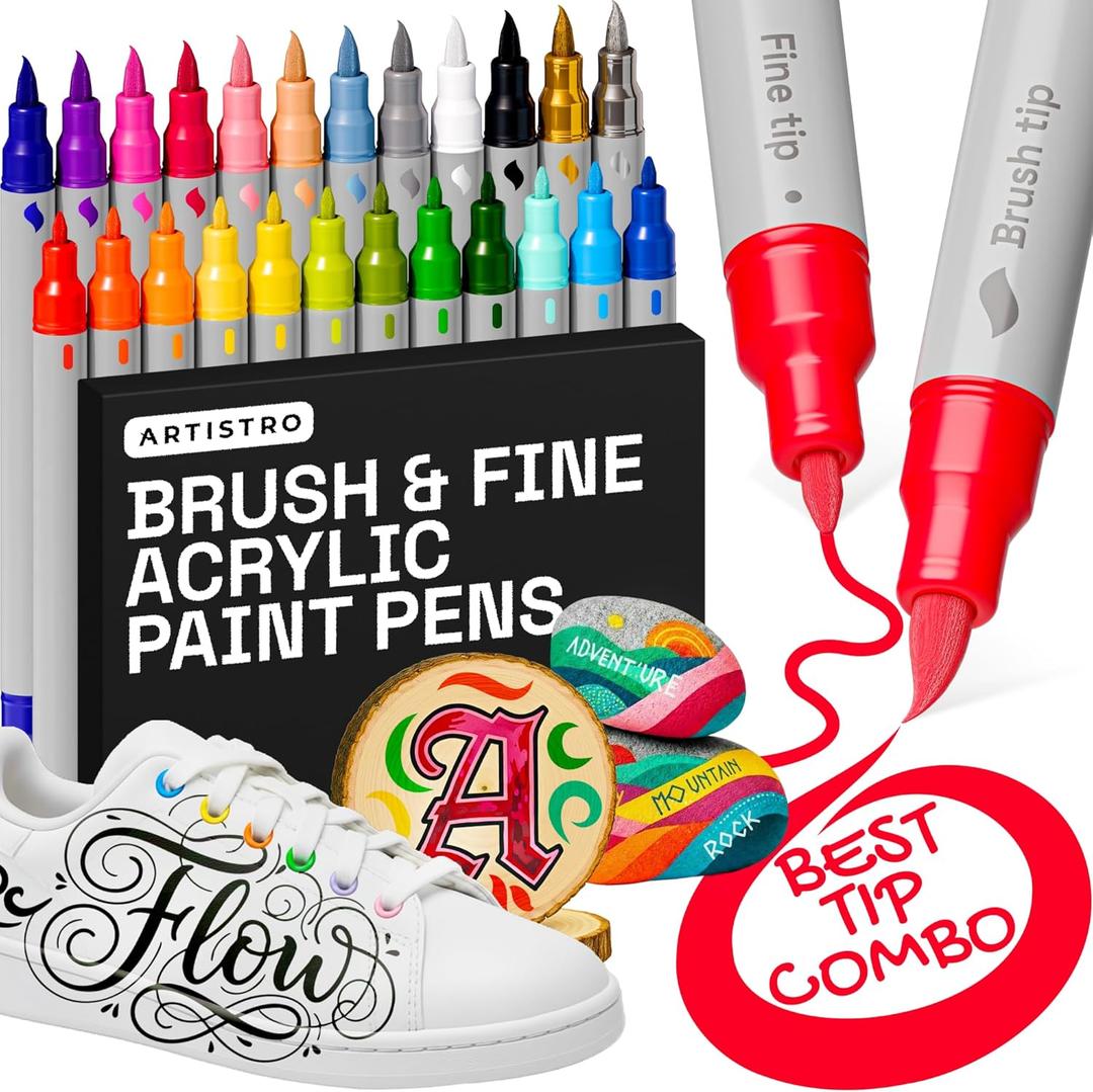 ARTISTRO 24 Acrylic Paint Pens - Dual Tip Brush + Fine Ideal for Calligraphy - Acrylic Paint Markers for Fabric, Rock, Glass, Wood, DIY - Art Supplies, Stocking Stuffers, Christmas Gift Idea