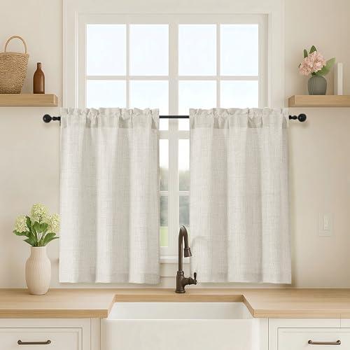 OVZME 2 Panels Natural Cafe Curtains 36 Inch Length, Thick Textured Small Kitchen Window Curtains Over Sink, Light Filtering Short Curtains Tiers for Bathroom Basement, 30x36 Inch, 2PCS