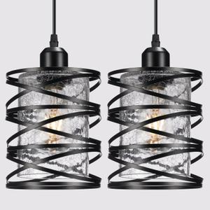 2 Pack Pendant Lights Kitchen Island, Black Island Lighting Fixtures Hanging with Glass Crackle Shade, Mini Industrial Ceiling Light, Hanging lights for Kitchen Island Dining Room Hallway Bedroom
