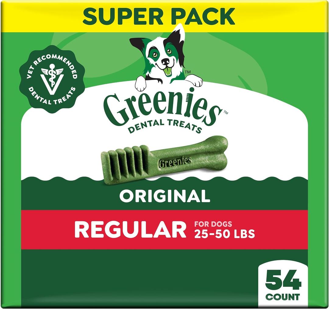 Greenies Veterinarian-Recommended Adult Natural Dental Dog Treats Regular Size, Dog Dental Chews, Original Flavor, 54 oz. Pack, 54 Count (EXP 09/26/29)
