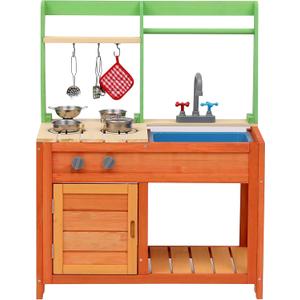 Wooden Kids Play Kitchen, Outdoor Mud Kitchen with Removable Sink and Faucet, Stove Top, Storage Shelves, Fun Backyard Pretend Kitchen Playset, Gift for Boys/Girls 3+
