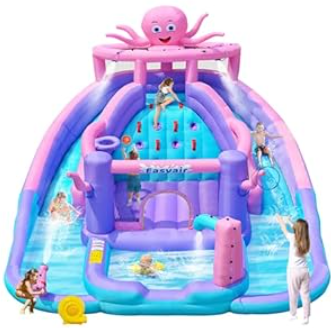 Inflatable Bounce House Water Slide Combo, Blow Up Water Slides for Backyard, Kids Jumper with Climbing Wall, Basketball Hoop, Splash Pool with Blower (Octopus Water Slide)