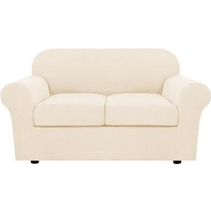 H.VERSAILTEX 3 Piece Stretch Sofa Covers for 2 Cushion Loveseat Couch Covers for Living Room (Base Cover Plus 2 Seat Cushion Covers) Thicker Jacquard Fabric (Medium Sofa, Cream)