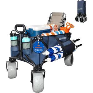 X900 Heavy Duty Beach Wagon with 9x4 Sand-Proof PU Wheels, 300L Oversized Foldable Wagon Cart with Side Bag, All-Terrain Utility Wagon for Beach Essentials, Sport, CampingNavy Blue