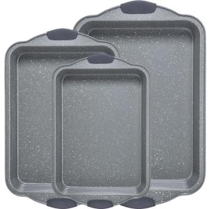 Anveena 3-Piece Nonstick Kitchen Oven Baking Pans - Premium & Stylish Non-Stick Steel, Commercial Grade Restaurant Quality Metal Bakeware with Red Silicone Handles - Easy to Clean gray