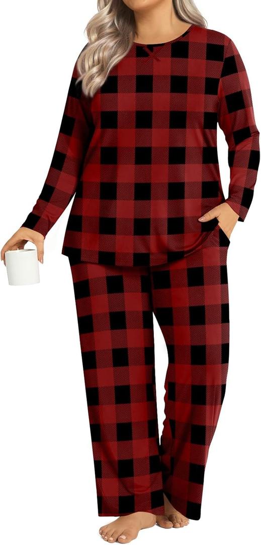 Plus Size Women's Pajamas Sets 2 Piece Long Sleeve Pj Sleepwear Soft Comfy Tops and Pants with Pockets (3X-Large, Red Plaid)
