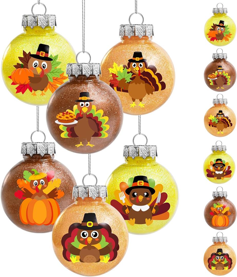 Thanksgiving Decorations Ball Ornaments, 6 Pcs 2.36 Inch Shatterproof Glitter Turkey Thanksgiving Ball Ornaments Hanging Baubles for Tree Fall Harvest Friendsgiving Farmhouse Home Holiday Party Decor