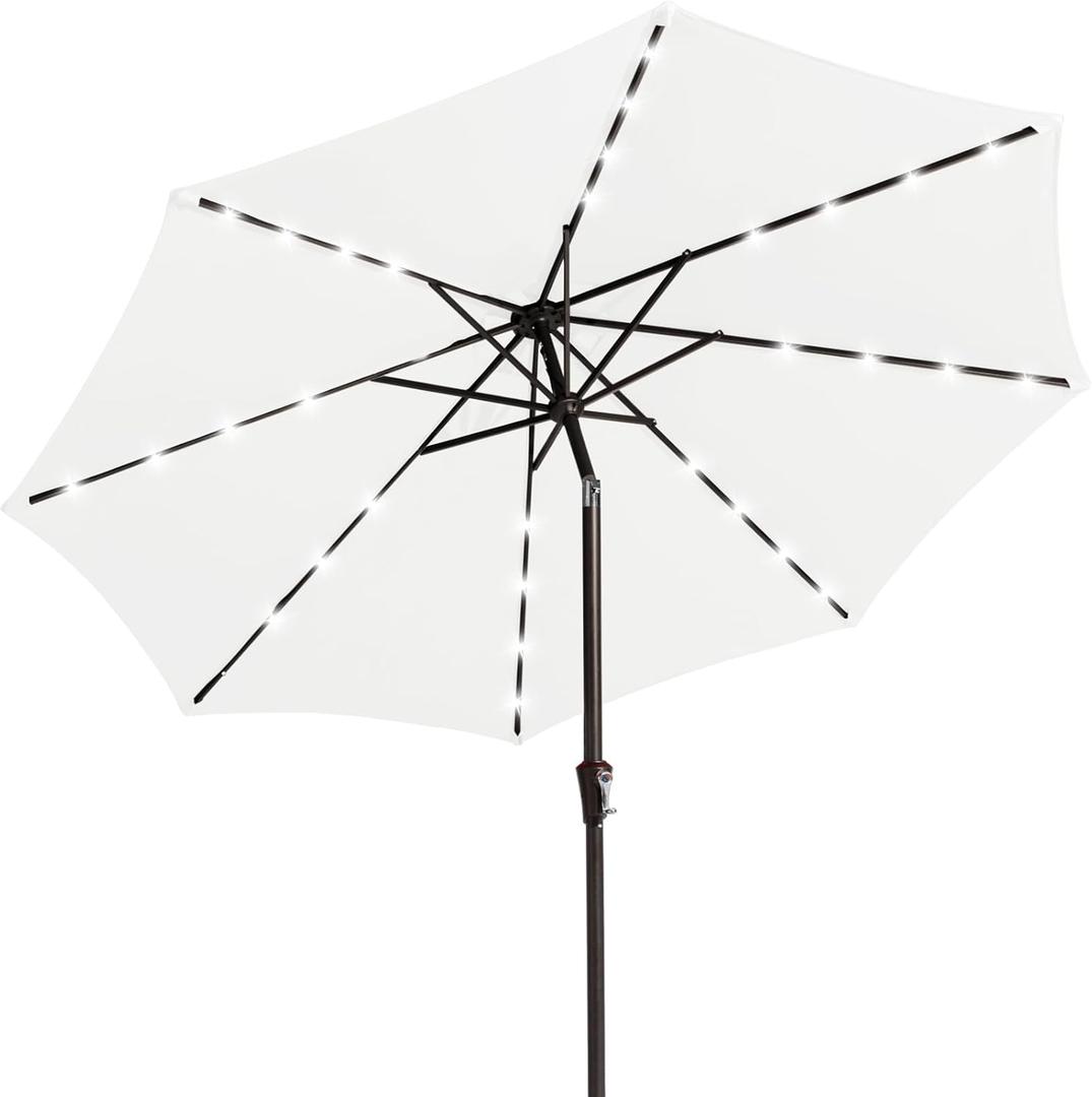 JEAREY 9FT Outdoor Patio Umbrella with Solar Lights, LED Lighted Pool Umbrella with Tilt and Crank, Outdoor Table Umbrellas for Deck, Yard & Market (Cream White)