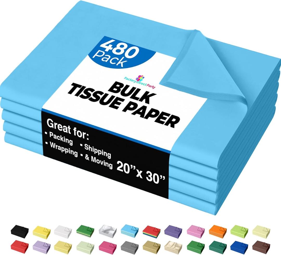 Party Solids Light Blue Tissue Paper for Gift Bags - 20" X 30" Bulk Tissue Paper Light Blue 480 Sheets - 10lb Newsprint for Packing, Birthday Gift Box Filler, Packing Supplies for Moving Supplies